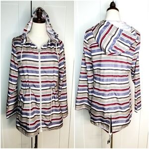 Atmosphere Women's White Tan Purple Stripes Roll-up Sleeve Hooded Windbreaker, S